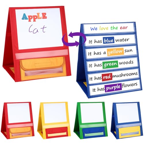 Jetec 4 Pcs Magnetic Desktop Pocket Chart Stand with Pen Case Foldable Double Sided Small Tabletop Pocket Chart Dry Erase Magnetic Boards for Classroom Easel Tabletop Whiteboard for Kids 15 x 12.6 in