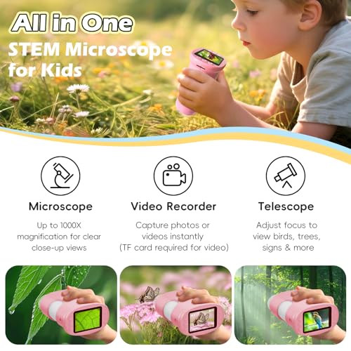 Alotwan Kids Microscope Digital 1000X Zoom, Mini Pocket Handheld Microscope Portable Travel Toys, HD Camera Video Magnifying Glass, Christmas Birthday Gifts for Girls, STEM Toys for Toddlers Age 3-8 - color: Pink
