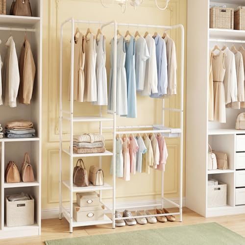 GIANTEX Clothes Rack with Pants Hangers, Heavy-Duty Metal Clothing Rack with 2 Hanging Rods & 4 Storage Shelves, Freestanding Garment Racks, Closet Organizer for Bedroom, Cloakroom (White) - color: White