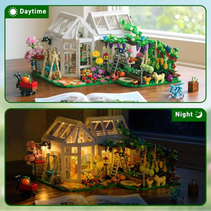 Flower House Building Set with LED Light, Botanical Greenhouse Garden Building Kit for Adults, 1185 PCS Creative Modular Flower House Playset with Fruits & Plants, Ideal Gift for Teens & Kids 8+