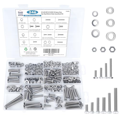 246Pcs Hex Bolts and Nuts Assortment Kit,1/4-20, 5/16-18, 3/8-16 Assorted Bolts Nuts and Washers Kit, 304 Stainless Steel Machine Screw Sets for Home, Auto, Electronic & Industrial Repair with Case