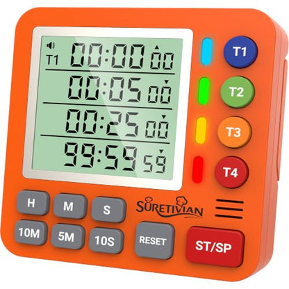 Digital Kitchen Timer with 4 Channel, Loud Alarm and Silent Mode - color: Orange