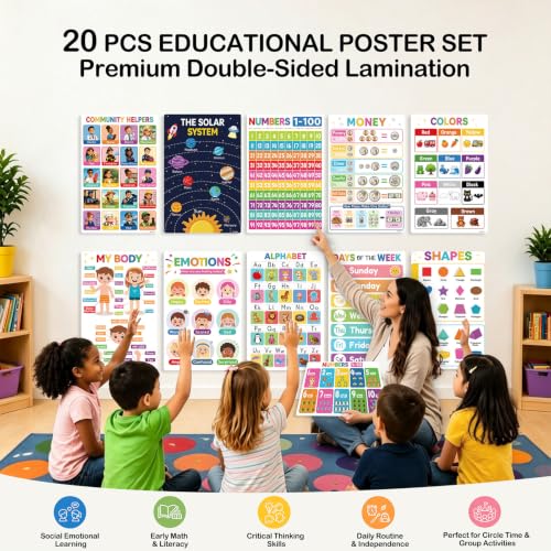 Laminated Educational Posters for Classroom, Preschool Learning Posters - 20 PCS Kindergarten Classroom Decor with Alphabet, Numbers, Weather, Emotions Charts, Teacher Supplies with Rounded Corners