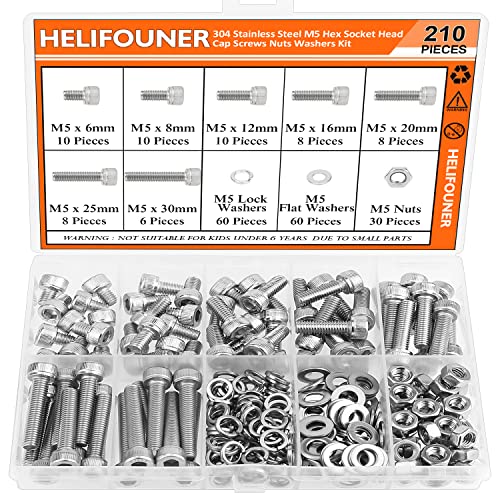 HELIFOUNER 210 Pieces M5 x 6mm /8mm /12mm /16mm /20mm /25mm /30mm, Hex Socket Head Cap Screws Bolts Washers Nuts Kit, 304 Stainless Steel (Hex Wrench is Not Included) - size: M5, style: Socket Head Screws