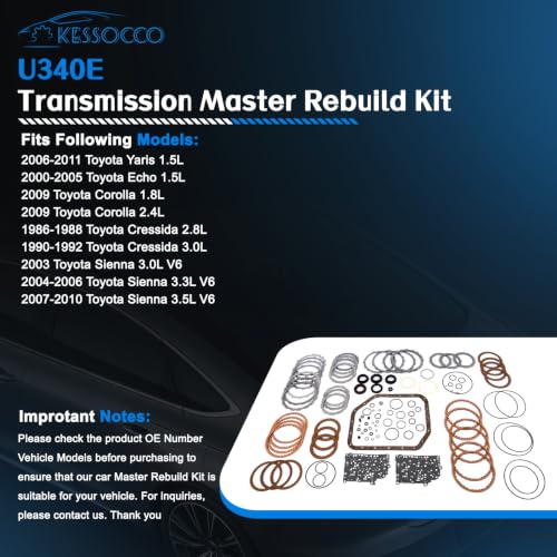 Kessocco 1set U340E U341E Transmission Master Rebuild Kit Replacement for 2000-ON Toyota Corolla Echo Sienna Yaris Succeed Cressida Subaru Faw Yela 1.5L