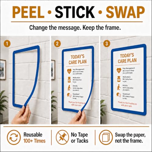 8.5 x 11 Adhesive Wall Frames - Peel & Stick Picture Frames, Wall Sign Holder, Paper Protector Sheets, Certificate Holders, Reusable Picture Frame, Dry Erase, Non Magnetic - Blue, Pack of 5 - color: blue