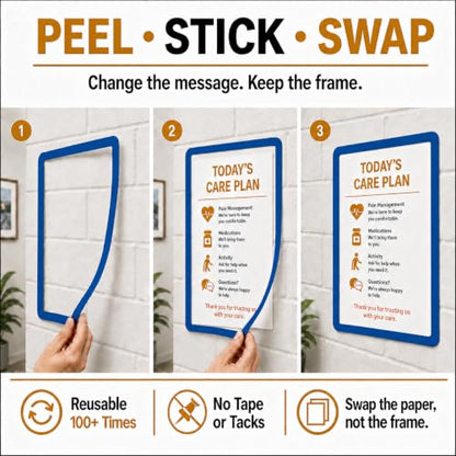 8.5 x 11 Adhesive Wall Frames - Peel & Stick Picture Frames, Wall Sign Holder, Paper Protector Sheets, Certificate Holders, Reusable Picture Frame, Dry Erase, Non Magnetic - Blue, Pack of 5 - color: blue