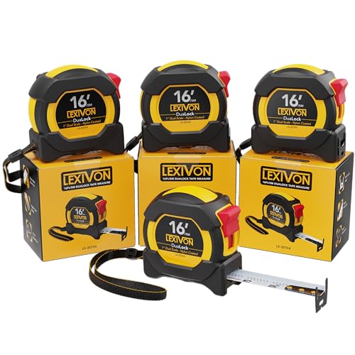 LEXIVON [4-Pack] 16Ft/5m DuaLock Tape Measure | 1-Inch Wide Blade with Nylon Coating, Matte Finish White & Yellow Dual Sided Rule Print | Ft/Inch/Fractions/Metric (LX-207X4) - size: 16 ft / 5 m (pack of 4)