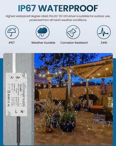 Lustaled 24W LED 12V Power Supply, IP67 Waterproof12 Volt LED Driver 110V AC to 12V DC Constant Voltage Converter 1.5A Transformer Adapter for LED Strip Light Indoor & Outdoor Use (2-Pack) - style: 24W 12V - 2 Pack