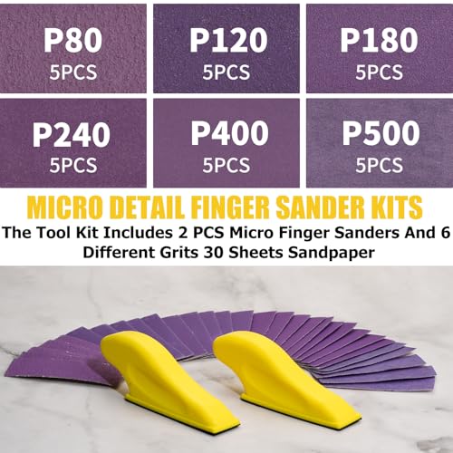 Finger Sander for Crafts, 2 Pack Mini Micro Gator Sander for Crafts with 30 Sheets 3.5 x 1 Inch Sandpaper 80 120 180 240 400 600 Grit Sanding for DIY Wood Finishing Tight Narrow Polishing - color: 2 Pack Sander + 30 Sheets Sandpaper (Purple)