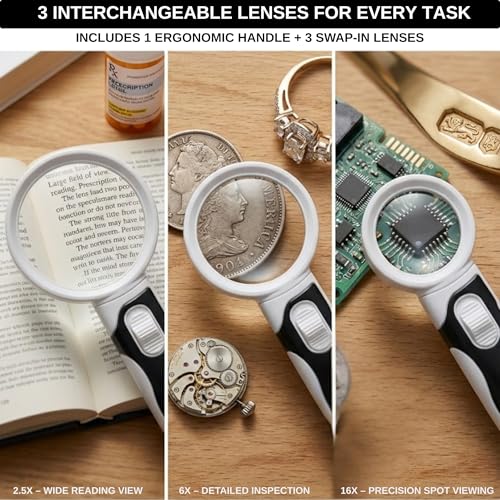 Lighted Magnifying Glass with 3 Interchangeable Lenses (2.5X, 6X, 16X) – Dual LED Handheld Magnifier for Reading Small Print, Books, Coins & Inspection – Ideal for Seniors & Low Vision - style: Interchangeable