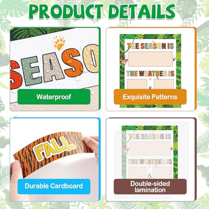 Jungle Animal Season and Weather Calendar Bulletin Board Safari Season Calendar Posters with Weather Cards Hook and Loop Dots for Classroom Wall Decor Preschool Kindergarten Student Teacher Supplies - style: Jungle Animal