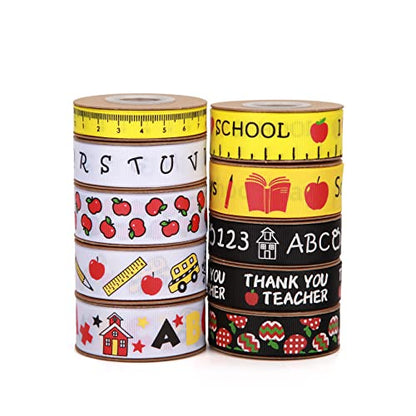 Meseey Back to School Themed Grosgrain Ribbon Ruler School Bus Apple ABC Pencil Backpack Books Chalkboard Printed Craft Ribbons for Teacher Appreciation,Wreath,Gift Wrapping (School Theme Set) - color: School Theme Set
