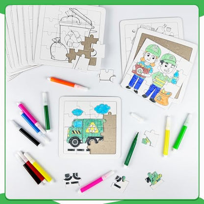 Cinrobiye 24PCS Garbage Truck Coloring Jigsaw Craft Kit for Kids, DIY Recycling Vehicle Activity Set Bulk with 12 Designs, Trash Day Birthday Party Favors, Classroom Learning Projects - color: Garbage