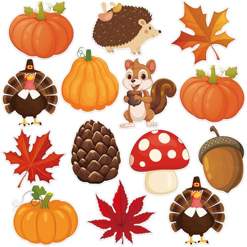 48Pcs Fall Thanksgiving Cutouts, Cute Autumn Squirrel Turkey Pumpkin Cut-Outs Fall Paper Cutouts for Thanksgiving Autumn Harvest Party Home Office Classroom Bulletin Board Chalkboard Wall Decor - style: Fall Thanksgiving