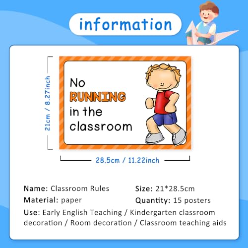 Lachilly 15 Sheets Classroom Rules Educational Poster for Preschool, Home, Middle and High School Classroom Wall Decoration, Language Arts Charts, Toddler Learning Toys, Bulletin Board Set - style: Classroom Rule 15P