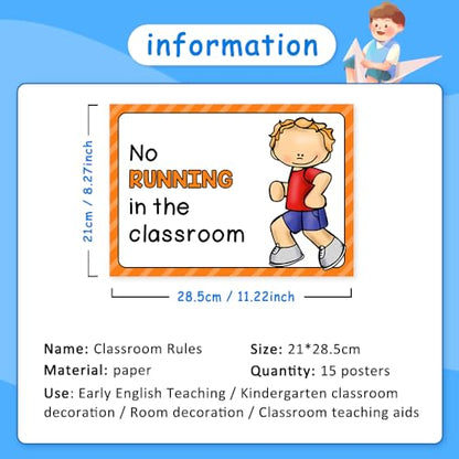 Lachilly 15 Sheets Classroom Rules Educational Poster for Preschool, Home, Middle and High School Classroom Wall Decoration, Language Arts Charts, Toddler Learning Toys, Bulletin Board Set - style: Classroom Rule 15P
