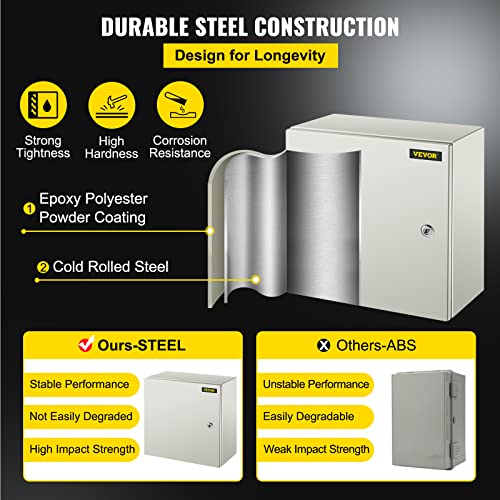 VEVOR NEMA Steel Enclosure, 16 x 16 x 8'' NEMA 4X Steel Electrical Box, IP66 Waterproof & Dustproof, Outdoor/Indoor Electrical Junction Box, with Mounting Plate - size: 16 x 16 x 8