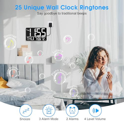13" Bluetooth Auto Sync Wall Clock - Large Digital Alarm Clock with Remote - style: White Numbers