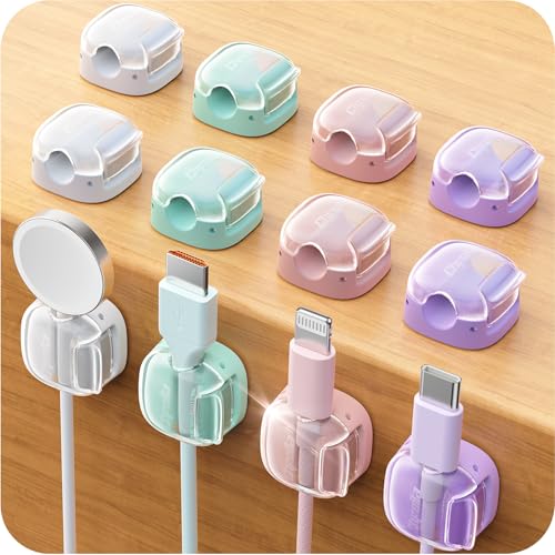 Chfeila Cable Clips, 8 Pack Cord Holder Cord Organizer, Cable Management - color: Pink/Green/Purple/White, size: 12 Pack