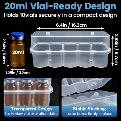 10-Slot 20ml Refrigerator Storage Case – Small Vial Holder for 32mm Diameter x 64mm Height Bottles, Compact Organizer for Fridge, Clear Plastic Box for Medications, Cosmetics, or Essential Oils