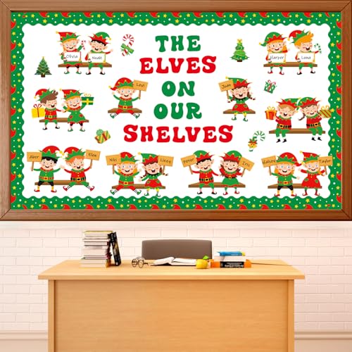 Christmas Elf Bookshelf Bulletin Board Set Elves On Our Shelves Classroom Decorations Xmas Elf Paper Cutouts Red Green Bulletin Board Border for School Wall Xmas Holiday Party Decor Teacher Supplies - style: Christmas Elf