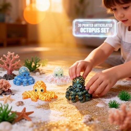 4Pcs 4in 3D Printed Octopus Set, Articulated Flexible Octopus Fidget Toy, 3D Printed Animals Desk Pets for Office, Sensory Stress Relief Sea Creature Toys for Kids & Adults, Easter basket essentials - color: 4pcs Octopus Set-b