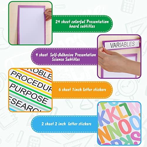 PerKoop 36 Sheets Science Fair Board Poster Boards Supplies 24 Self Adhesive Presentation Subtitles 4 Science Fair Project Titles 8 Personalized Letter Sticker for Classroom(Colorful) - color: Colorful