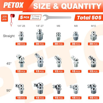 505 PCS Grease Fittings Kit, Metric & SAE Hydraulic Zerk Assortment 1/4" 1/8" M6 M8 M10 with Straight, 45 & 90 Degree Elbows, Zinc Plated Steel