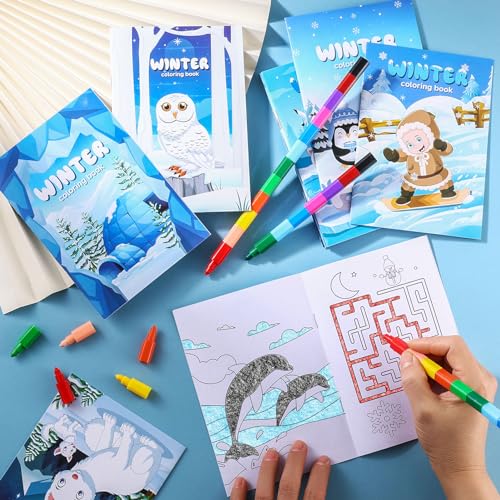 BenLouis 24 Winter Mini Coloring Books with 24 Crayons for Kids Bulk - style: Winter