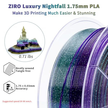 ZIRO PLA Filament 1.75mm, Sparkle Glitter Transluent Base, Luxury Nightfall - color: Luxury Nightfall