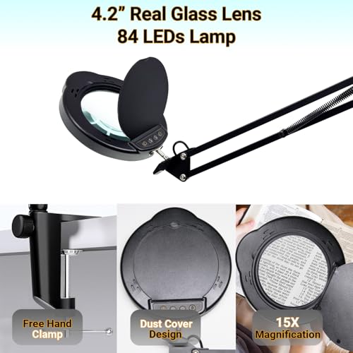 15X Magnifying Glass Desk Lamp with Clamp, Real Glass Lens with Dust Cover, 84 LEDs, 5 Color Modes, 10 Brightness Dimmable, Long Flexible Swing Arm Magnifier for Reading, Crafting, Repair, Close Works