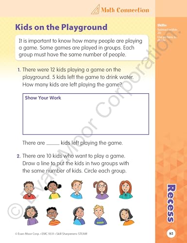 Evan-Moor Skill Sharpeners STEAM Workbook, Grade 1, Science, Technology, Engineering, Art, Math, Hands On Activities, Helping Others, Collaboration, Solve Real World Problems, Puzzles, Homeschool
