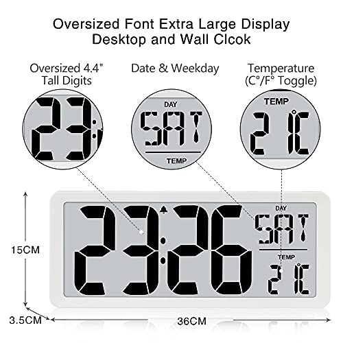 TXL 14.2" Large Digital Day Wall Clock, Custom 8 Languages Calendar, Count up-Down Timer and Temp Reminder, 12/24Hr Desktop Alarm Clock with Extra Large Display for Home Office Studio Hotel, White - color: White-14.2in
