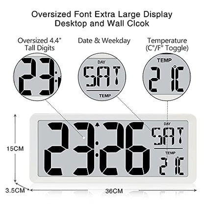 TXL 14.2" Large Digital Day Wall Clock, Custom 8 Languages Calendar, Count up-Down Timer and Temp Reminder, 12/24Hr Desktop Alarm Clock with Extra Large Display for Home Office Studio Hotel, White - color: White-14.2in