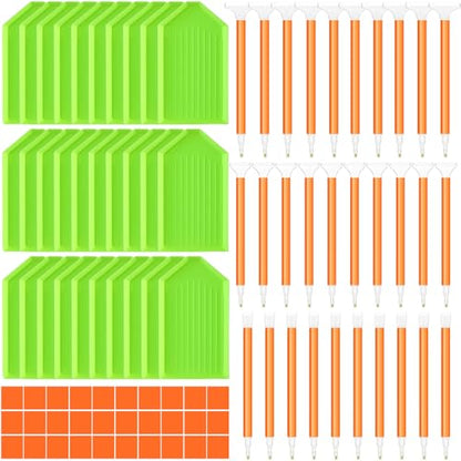 Affrolling 90 Pcs Diamond Art Tools, Drill Pens Trays Glue Clay - color: Green and Orange