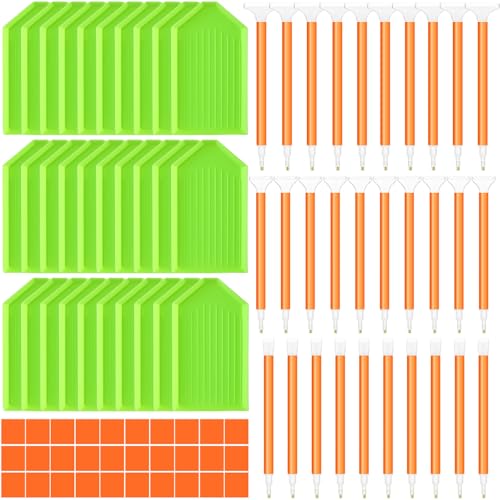 Affrolling 90 Pcs Diamond Art Tools, Drill Pens Trays Glue Clay - color: Green and Orange