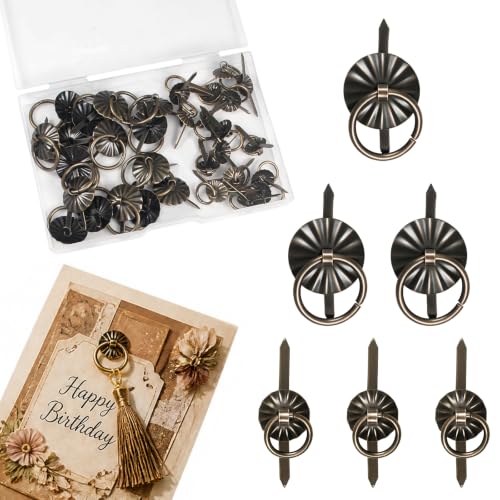 2 Styles Metal Brad Fasteners with Decorative Pull Rings, 40Pcs Mini Brads - color: Small+Large Bronze 40Pcs