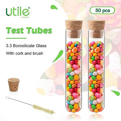 Utile 50pcs Glass Test Tubes, 3.3 Borosilicate Glass Material, 16ml Test Tubes, with Cork Stopper and Brush, 4004.9011.50 - style: 50pcs of 20x100mm