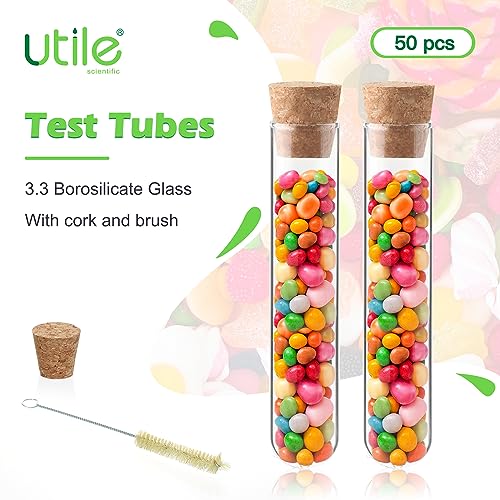 Utile 50pcs Glass Test Tubes, 3.3 Borosilicate Glass Material, 16ml Test Tubes, with Cork Stopper and Brush, 4004.9011.50 - style: 50pcs of 20x100mm