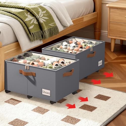 Foyego 2 Pack Shoe Organizer for Closet, Shoe Storage with Wheels, Gray - color: Gray, size: 25 ½"L x 17"W x 12 ½"H-2 Pack