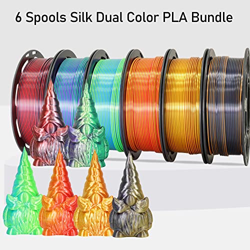 MIKA3D 6 Spools Bicolor Dual Color 1.75mm 3D Printer Filament Bundle, 3D Printing Silk PLA, Silk Red-Gold/Red-Black/Black-Orange/Gold-Copper/Lime Green-Blue/Green-Purple, 3D Silk PLA 250g X 6 Spools - color: Red-gold+red-black+black-orange+gold-copper+lim
