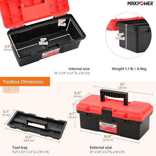 MAXPOWER 2-Pc Plastic Tool Box, 12" Small & 17" Portable Toolbox, Lockable - color: Red, size: 12" 17"