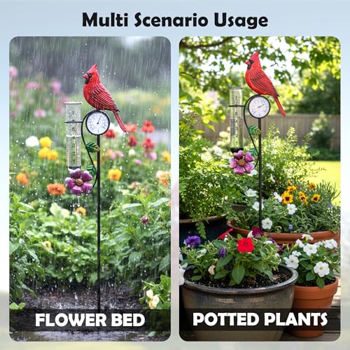 40in Red Bird Rain Gauge Thermometer Metal Garden Stake Decor - color: Red Bird