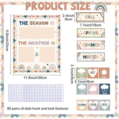 Boho Season and Weather Calendar Bulletin Board Season Calendar Posters with Weather Cards Hook and Loop Dots for Classroom Bulletin Board Wall Decor Preschool Kindergarten Student Teacher Supplies - style: Boho
