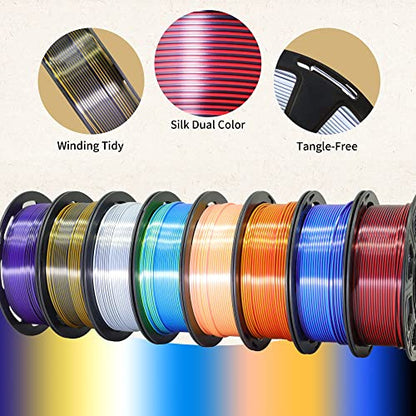8 Spools Dual Color Silk PLA 3D Printer Filament Bundle, Silk White/Black, Red/Black, GoldBlack, PurpleBlack, Purple/Blue, Red/Gold, Green/Blue, Yellow/Pink, 1.75mm Bicolor Silk PLA 250gX8