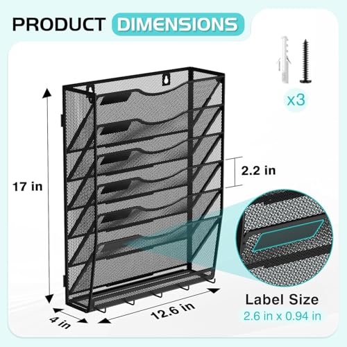 Gawerk 7-Tier Wall File Organizer Hanging Wall File Holder Wall Mount Paper Folder Organize, Mesh Magazine Document Mail Organizer for Office School Home, Black - color: Black, size: 7-T