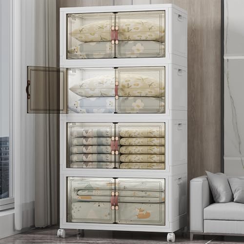 UAMFURI 700QT Stackable Storage Bins with Lids, Storage Cabinet with Wheels - color: White-175QT, size: 4Pack with 1 top lid