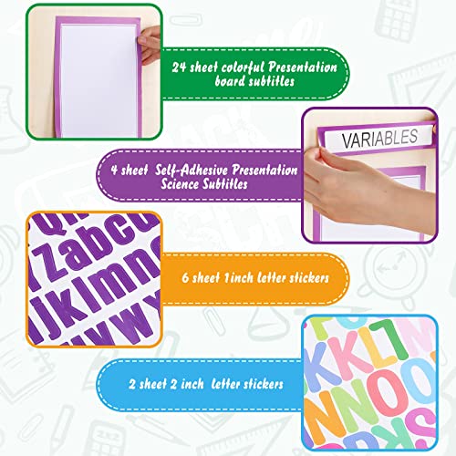 PerKoop 36 Sheets Science Fair Board Poster Boards Supplies 24 Self Adhesive Presentation Subtitles 4 Science Fair Project Titles 8 Personalized Letter Sticker for Classroom(Colorful) - color: Colorful