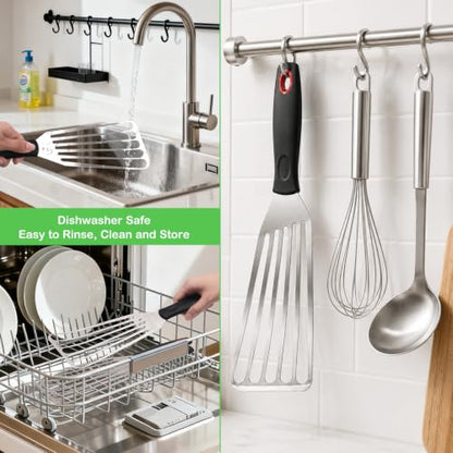 Fish Spatula Set of 3, Stainless Steel Slotted Turners with Thin Flexible Blades and Comfortable Handles for Cast Iron Skillets, Griddles, Fish, Eggs, Burgers and Pancakes